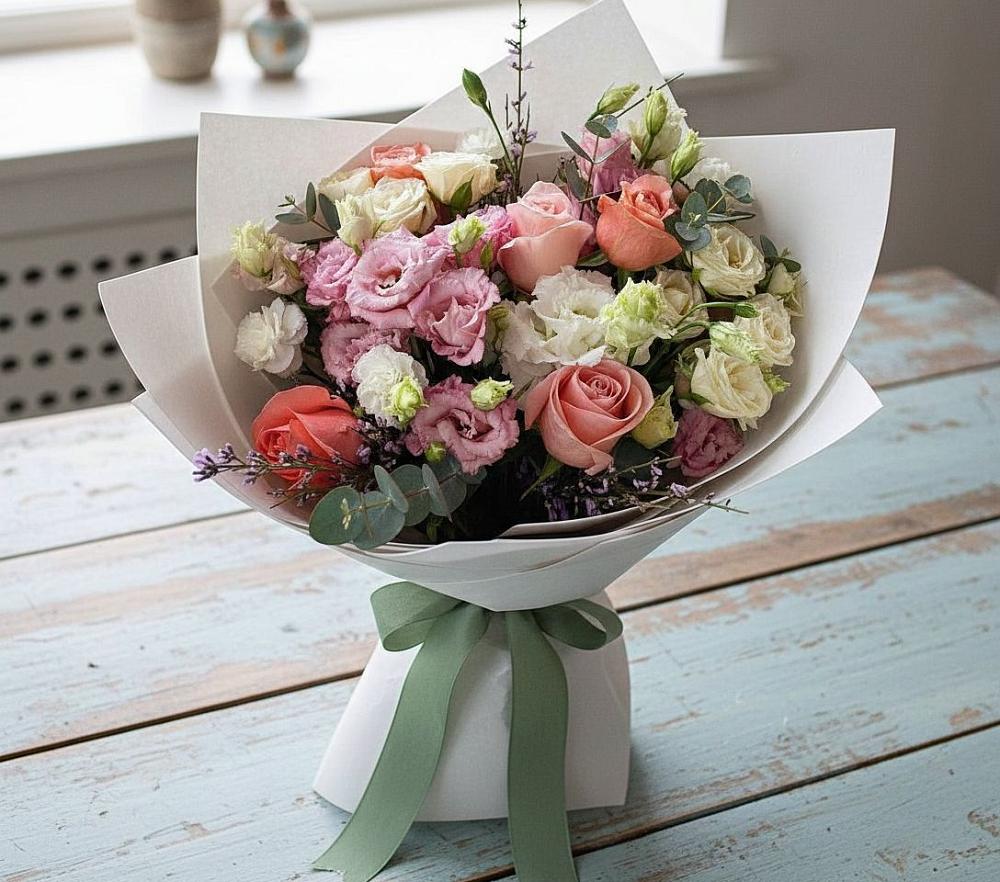 Букет цветов из: Розы, Лизиантусы и Гвоздики в Глинково