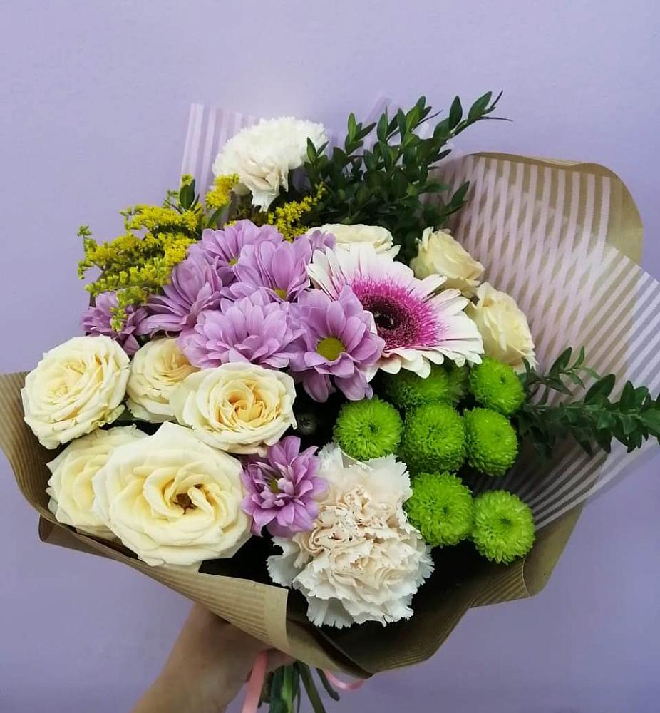 Букет цветов из: Хризантемы, Розы, Гвоздики и Герберы в Глинково