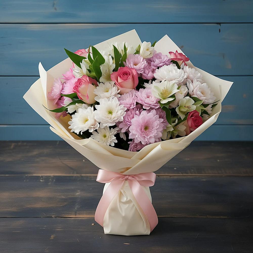 Букет цветов из: Хризантемы, Альстромерии и Розы в Глинково